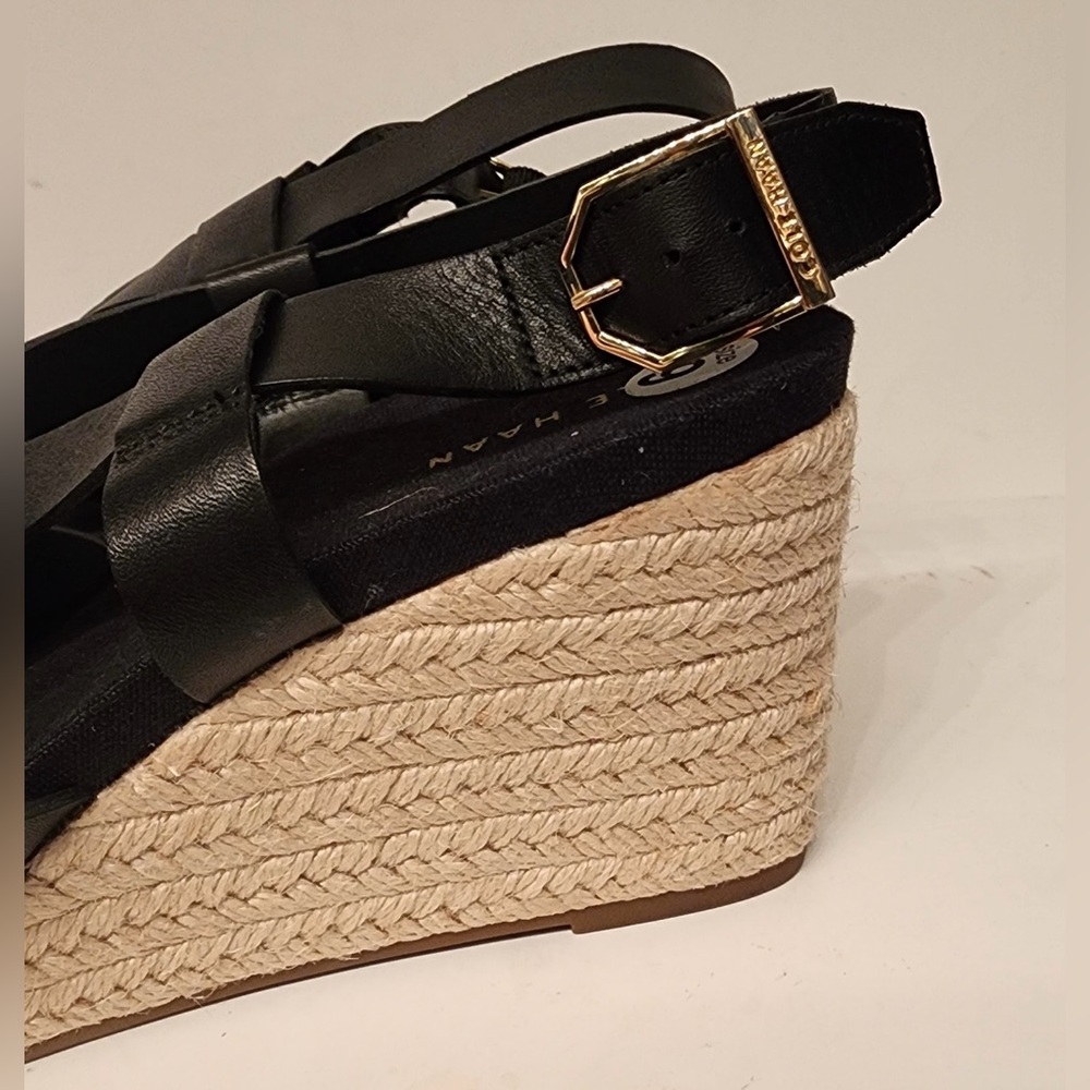 Cole Haan Black Leather Woven Espadrille Wedge Sandals - Picture 6 of 6